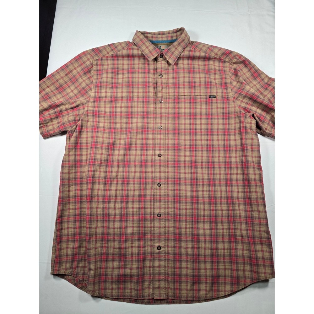 5.11 Tactical Mens Large Short Sleeve Plaid Button‎ Down Shirt Tan Red Mesh Back